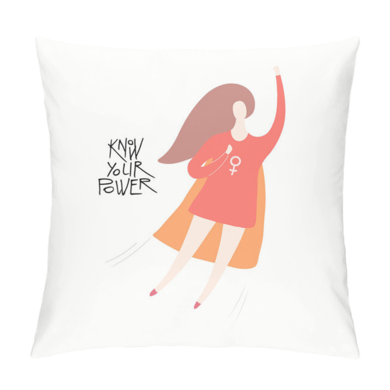 Personality  Hand Drawn Vector Illustration Of A Happy Woman Superhero Flying, With Quote Know Your Power, Vector Illustration, Concept For Feminism And Women Day  Pillow Covers