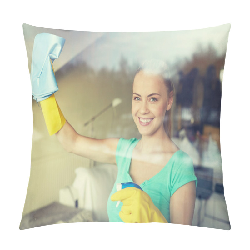 Personality  Happy Woman In Gloves Cleaning Window With Rag Pillow Covers