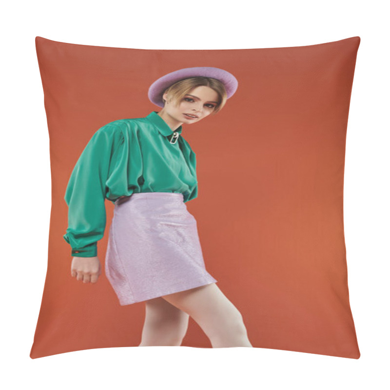 Personality  A Woman In A Green Shirt And Purple Skirt Stands Confidently In A Studio Setting. Pillow Covers