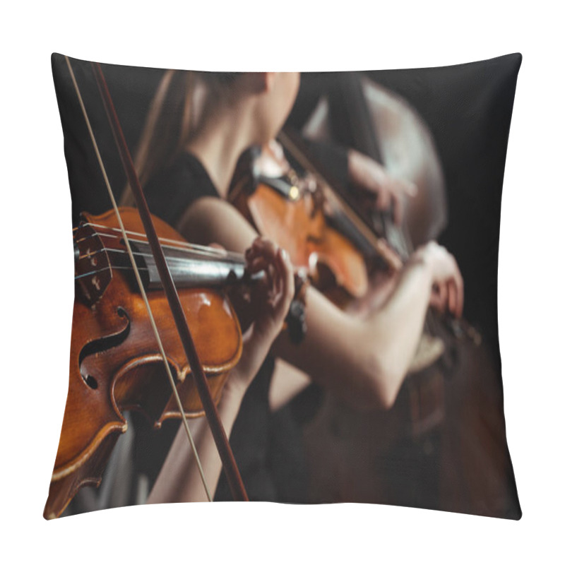 Personality  Cropped View Of Female Professional Musicians Playing On Violins On Dark Stage, Selective Focus Pillow Covers