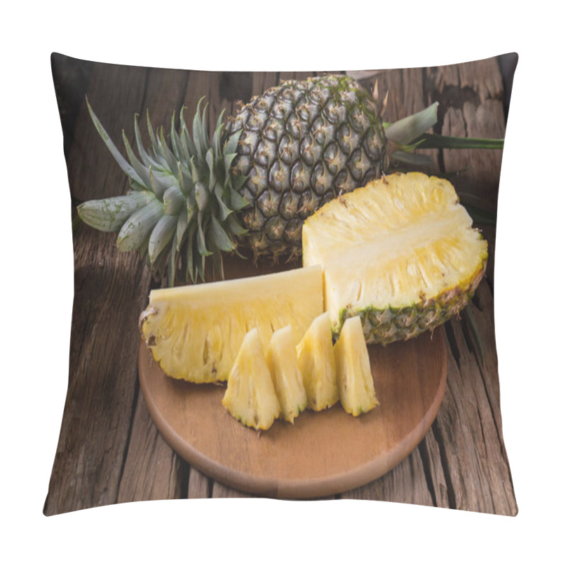 Personality  Pineapple Slices And Pineapple Shelled On Old Wooden Background Pillow Covers