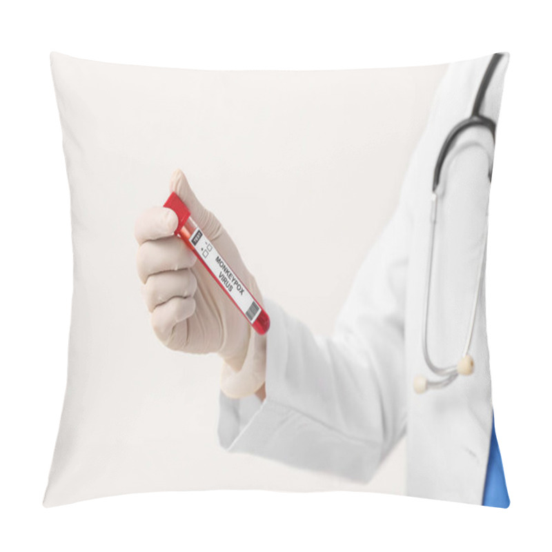 Personality  Female Doctor With Blood Sample On Light Background, Closeup. Monkeypox Virus Concept Pillow Covers