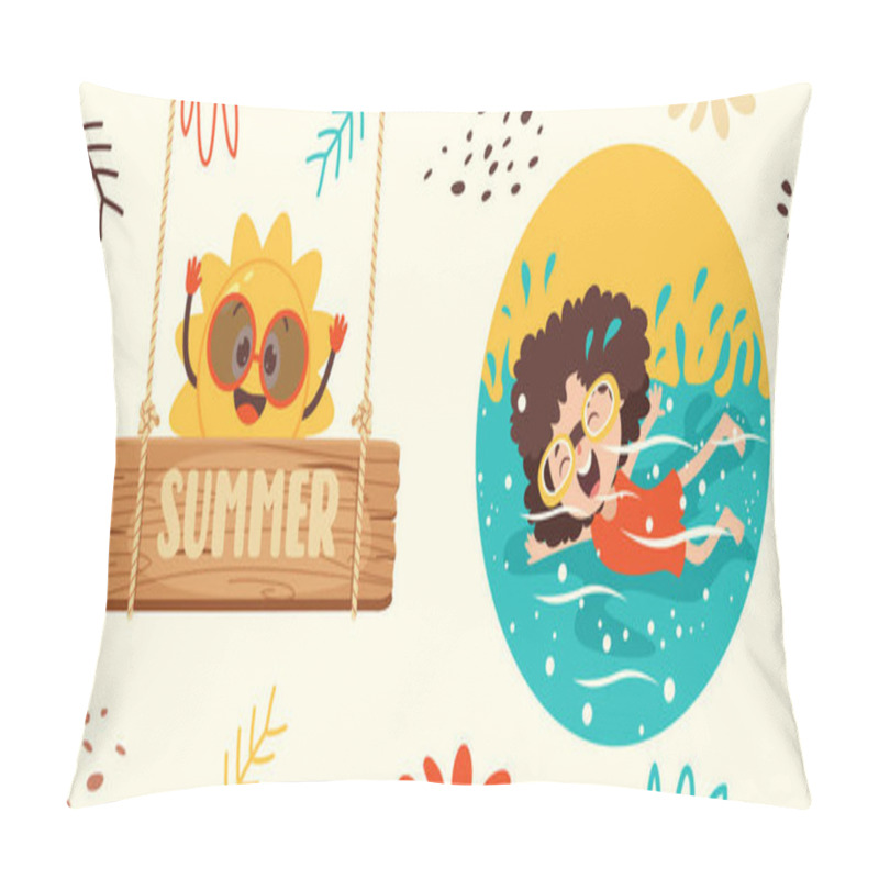 Personality  Flat Summer Banner With Cartoon Character Pillow Covers