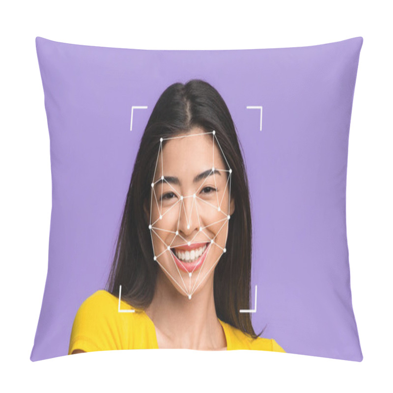 Personality  A Smiling Woman With Long Dark Hair Is Featured In Front Of A Purple Background. Facial Recognition Markers Are Visible On Her Face, Illustrating Technology Used For Identification. Pillow Covers