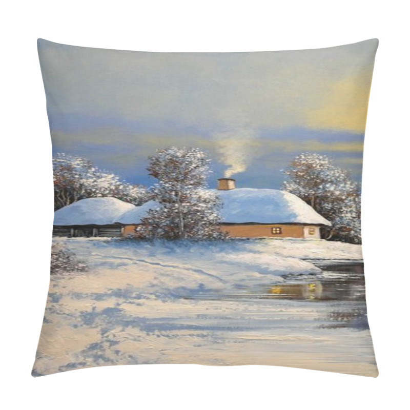 Personality  Oil Paintings Rural Landscape, Old Village, Winter Landscape With Snowy Trees And Frozen River. Fine Art. Pillow Covers