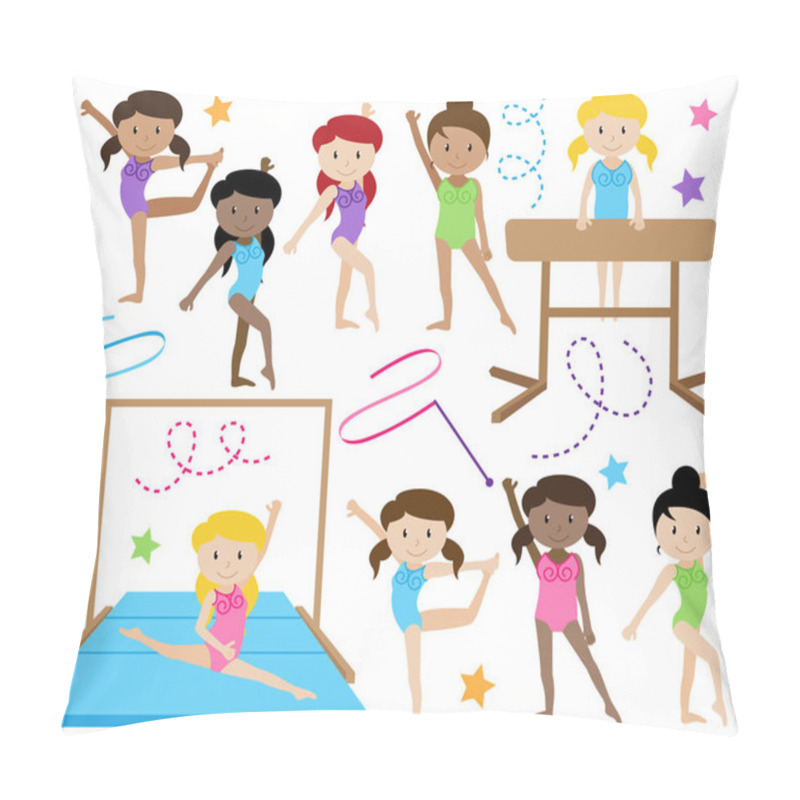 Personality  Vector Collection Of Cute Female Gymnasts Or Dancers Of Different Ethnicities Pillow Covers