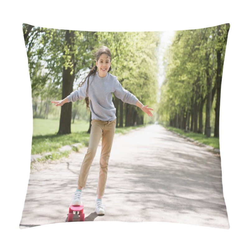 Personality  Little Child With Skateboard On Path In Park Pillow Covers