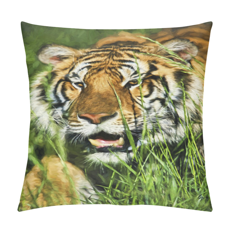 Personality  Impressionist Art Of Bengal  Tiger (Panthera Tigris Tigris) Stalking Prey Through Grass Pillow Covers