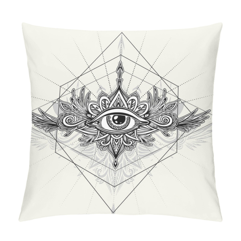 Personality  Abstract Symbol Of All-seeing Eye In Boho  Indian Asian Ethnic Style For Tattoo Black On White For Decoration T-shirt Or For Coloring Page Or Adult Coloring Book. Concept Magic Occultism Esoteric Pillow Covers