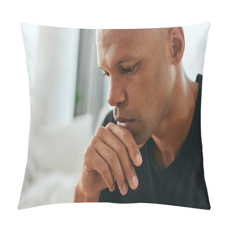 Personality  Close-up Of Distraught African American Man Thinking Of Something At Home. Pillow Covers