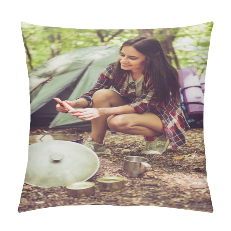 Personality  Trekking, Camping And Wild Life Concept. Four Best Friends Are Hiking In The Spring Woods, Ladies Are Talking And Laughing, All Are Excited And Anxious In  Jungle Trail Pillow Covers