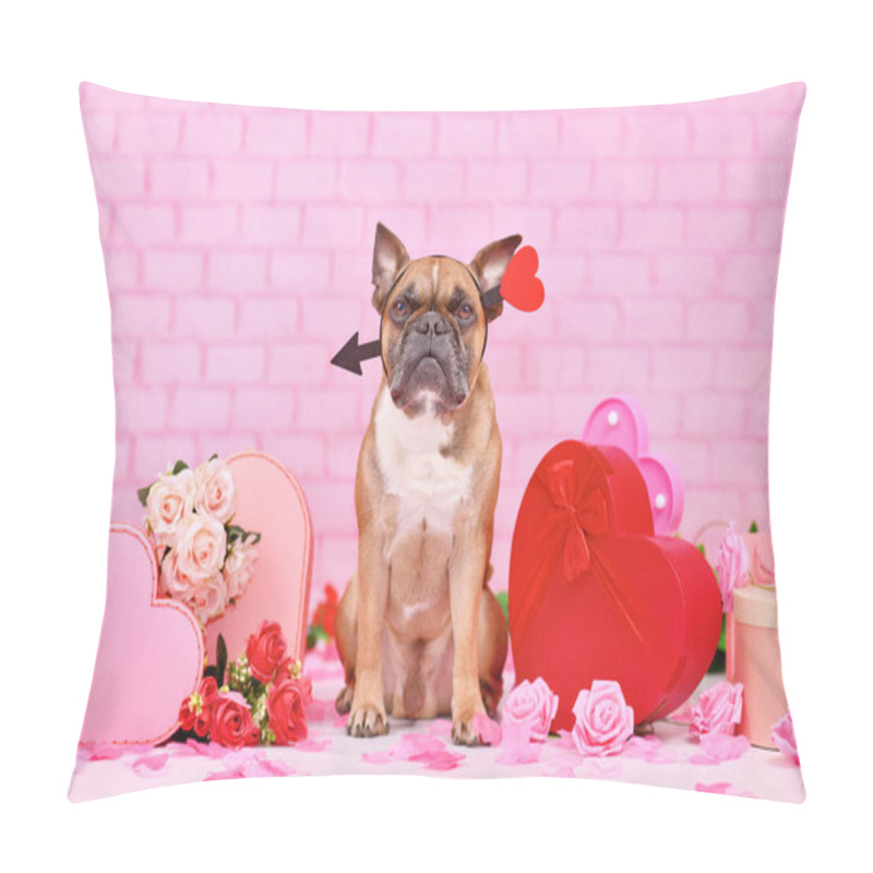 Personality  Cute Valentine's Day Dog. French Bulldog With  Love Arrow Headbands Surrounded By Pink And Red Seasonal Decoration Like Gift Boxes And Rose Flowers Pillow Covers