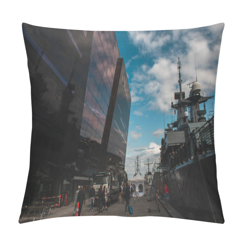 Personality  COPENHAGEN, DENMARK - APRIL 30, 2020: People Walking On Urban Street Near Ship And Royal Danish Library With Cloudy Sky At Background  Pillow Covers