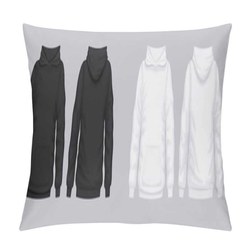 Personality  White Black Hoodie Front Back Mockup. Fashionable Template Sweatshirt. Pillow Covers