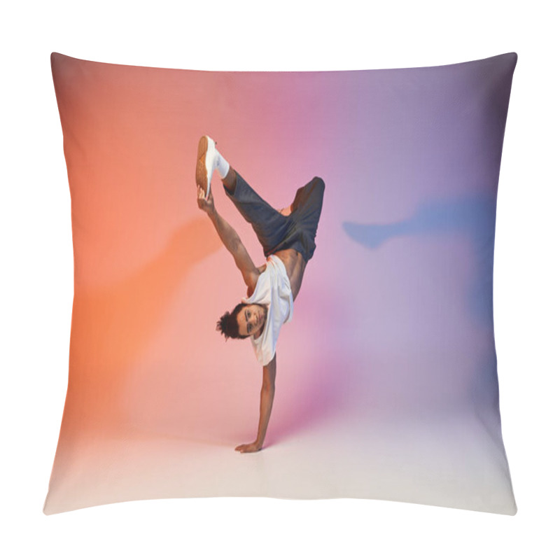 Personality  A Young African American Man Dances On A Gradient Background, Showcasing His Impressive Skills. Pillow Covers