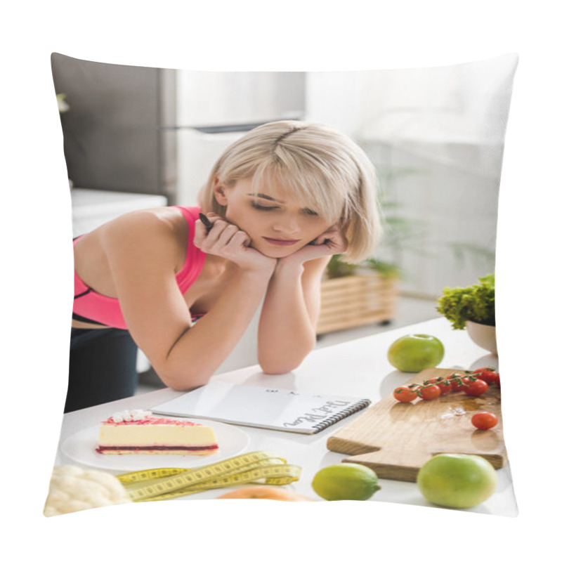 Personality  Attractive Blonde Woman In Sportswear Looking At Cake In Kitchen  Pillow Covers