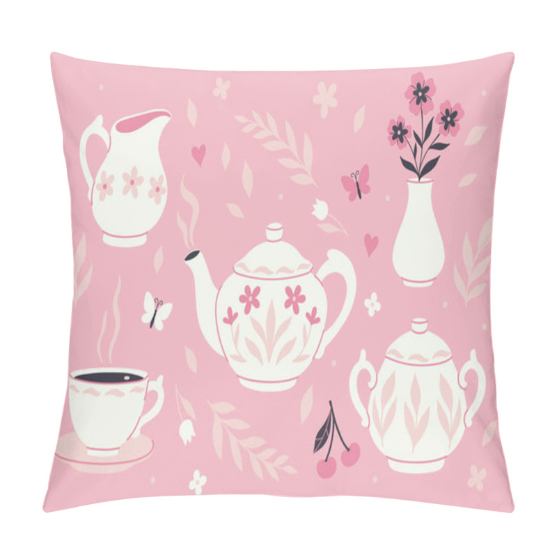 Personality  White Ceramic Tea Set Sugar Bowl, Milk Jug, Mug, Teapot And Vase Of Flowers. Vector Graphics. Pillow Covers