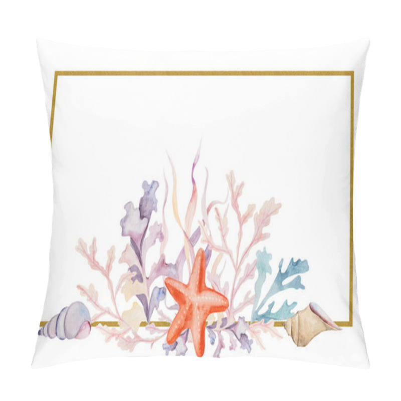 Personality  Watercolor Frame Made From Seaweeds, Starfishes And Seashells Isolated. Underwater Element, Illustration For Greeting Cards, Summer Beach Wedding Invitations, Crafting, Printing Pillow Covers