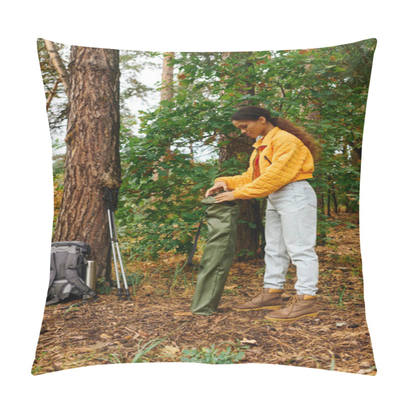 Personality  Exploring The Vibrant Autumn Forest, A Young Woman Prepares For An Adventurous Hike, Connecting With Nature. Pillow Covers