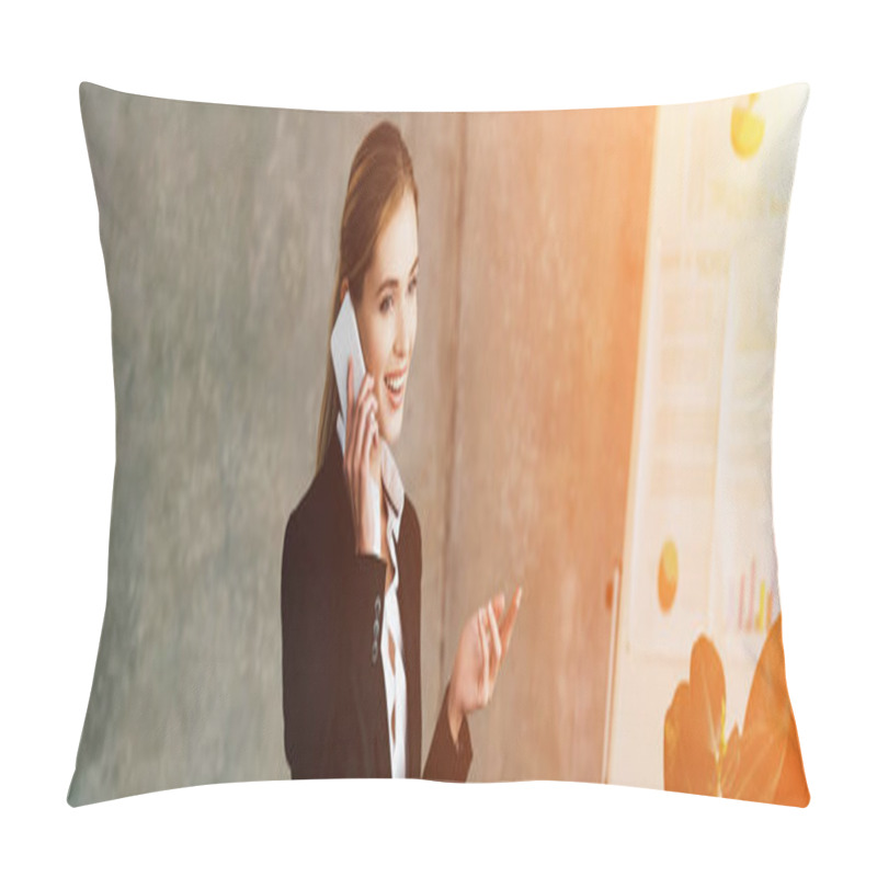 Personality  Attractive Smiling Businesswoman Talking On Smartphone In Office Pillow Covers