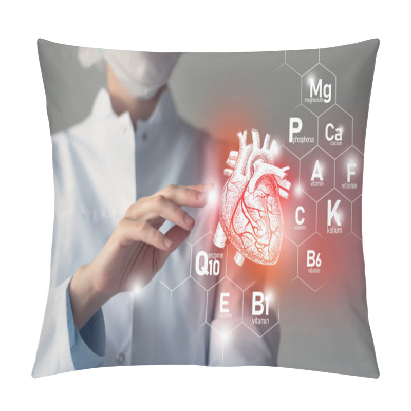 Personality  Essential Nutrients For Heart Health Including Q10, Calcium, Magnesium, Vitamin F.Blurred Portrait Of Doctor Holding Highlighted Red Heart. Pillow Covers