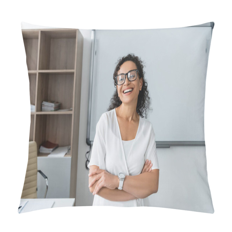 Personality  Happy African American Teacher In Eyeglasses Standing With Crossed Arms In Classroom Pillow Covers