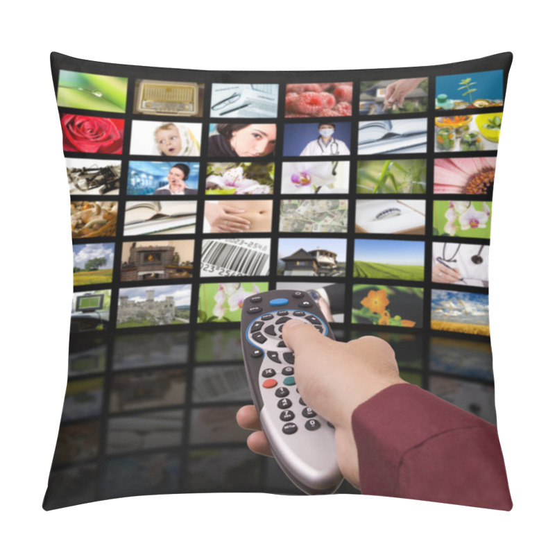 Personality  Digital Television Production Concept, Remote Control TV. Pillow Covers