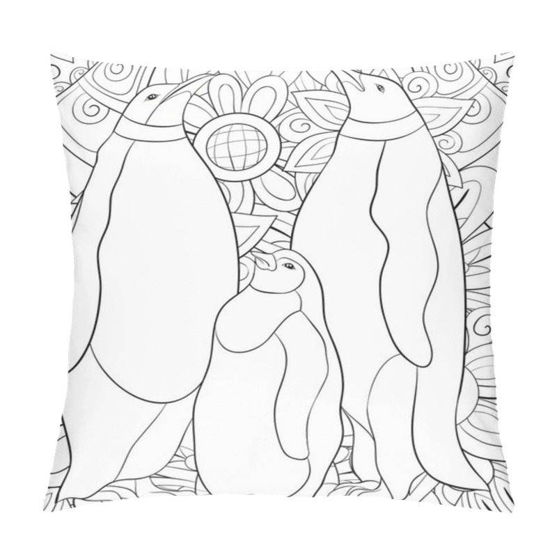 Personality  A Cute Family Of Penguins,mother,father And Their Baby With Ornaments Image For Relaxing Activity.A Coloring Book,page For Adults.Zen Art Style Illustration For Print.Poster Design. Pillow Covers