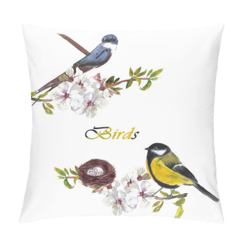 Personality  Swallow And Tit Sitting On A Branch Of A Blossoming Cherry, Composition On A White Background, For The Design Of Cards, Wedding Invitations, Clothes, Dishes, Children's Textiles Pillow Covers