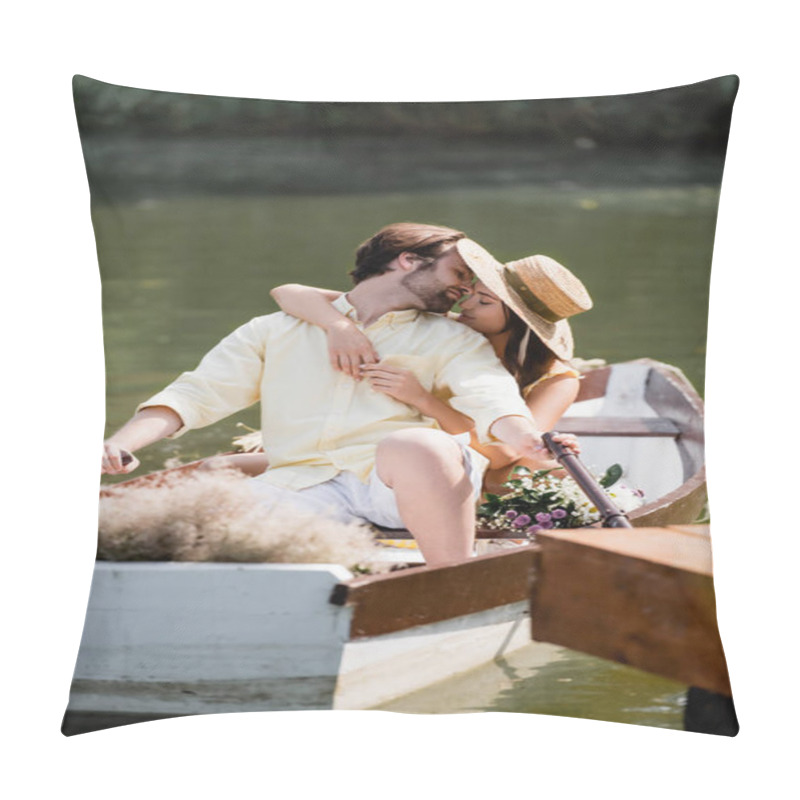 Personality  Young Woman In Straw Hat Kissing Man During Romantic Boat Trip  Pillow Covers