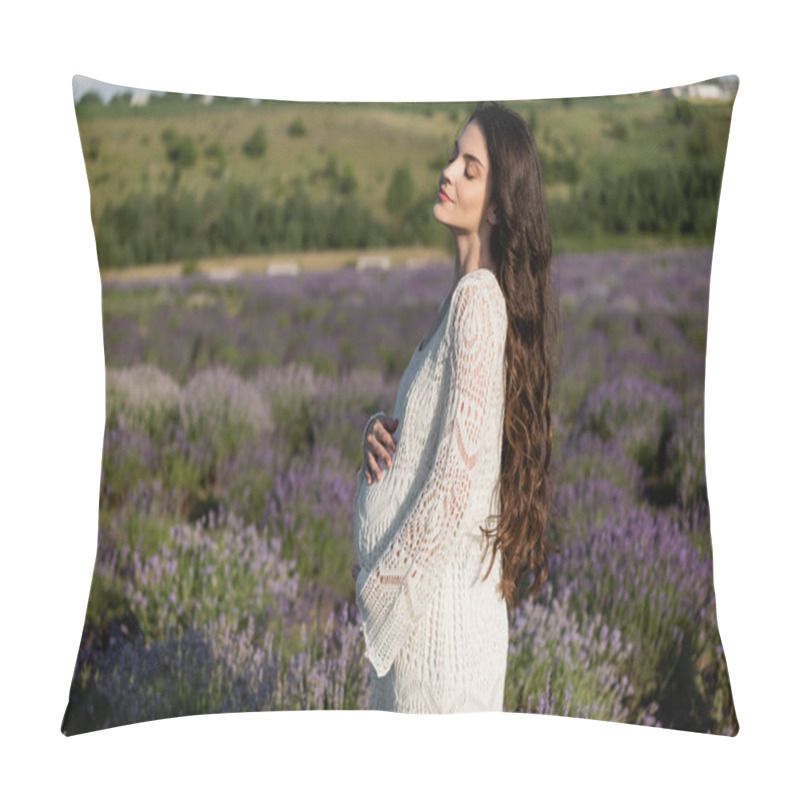 Personality  Side View Of Pregnant Woman With Long Hair Standing With Closed Eyes In Meadow With Lavender Pillow Covers