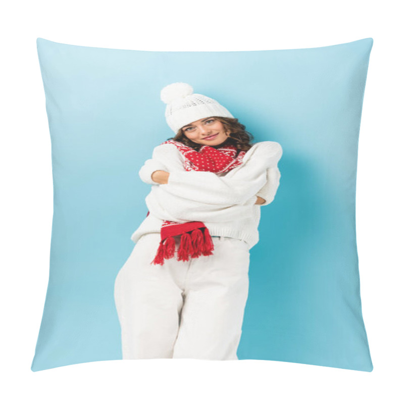 Personality  Young Woman In Winter Outfit, Warm Scarf, Gloves And Hat Embracing Herself On Blue Pillow Covers