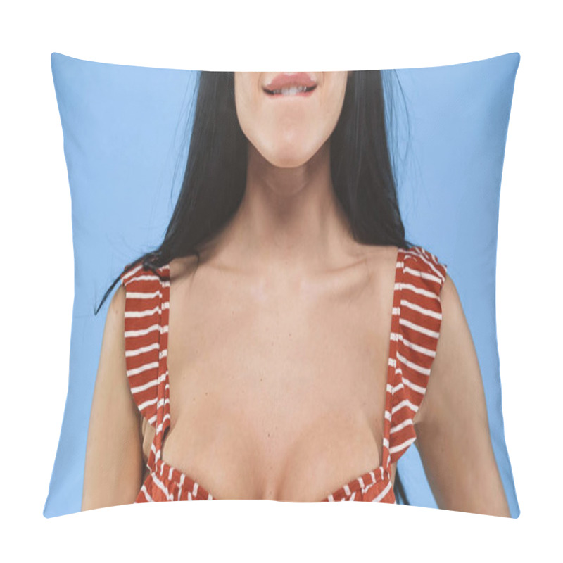 Personality  Cropped View Of Seductive Woman In Swimsuit Biting Lip On Blue Pillow Covers