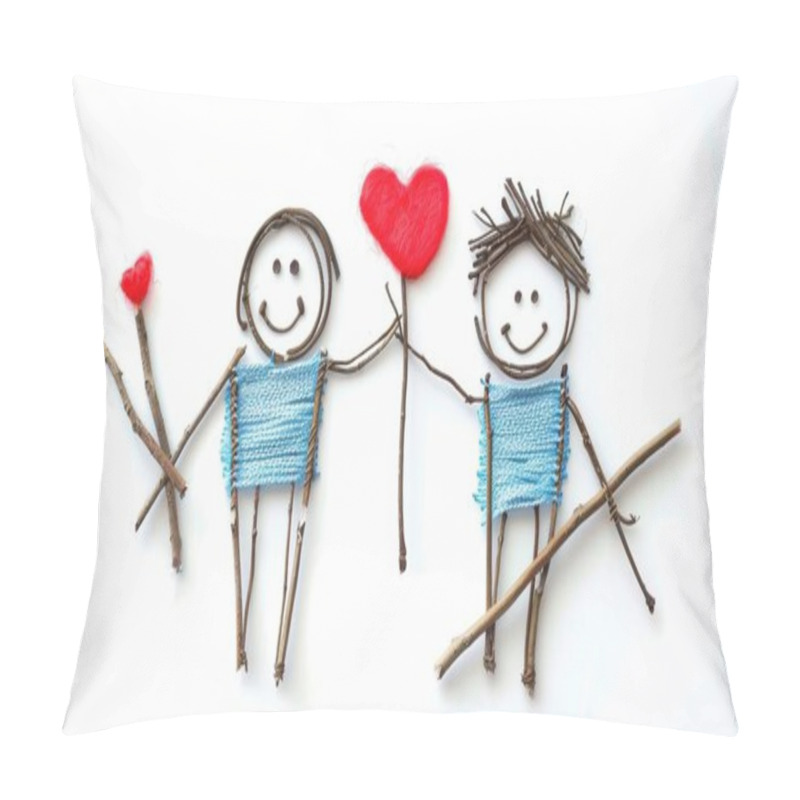 Personality  Two Whimsical Stick Figures Crafted From Twigs And Yarn, Holding Hearts, Symbolizing Love And Friendship. Pillow Covers