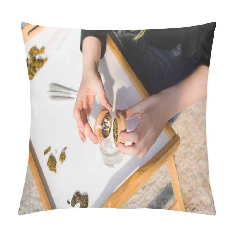 Personality  Top View Of Girl Putting Weed From Marijuana Grinder In Glass On Wooden Tray Pillow Covers