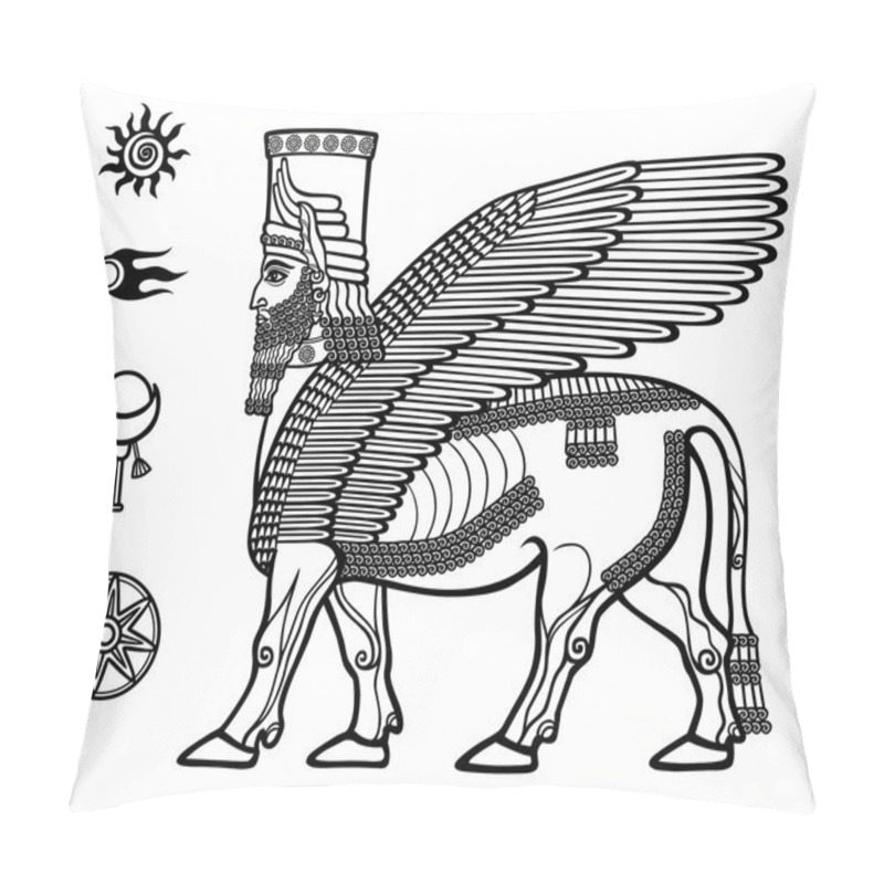 Personality  Image Of The Assyrian Mythical Deity Shedu: A Winged Bull With The Head Of The Person. Character Of Sumer Mythology. Set Of Space Solar Symbols. Black-and-white Vector Illustration. Pillow Covers