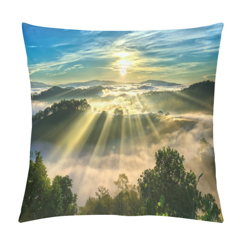 Personality  Sunrise Over Hillside A Pine Forest With Long Sun Rays Pass Through Valley With Pines Yellow Sunny Mornings This Place More Lively, Warm And Tranquil Welcome To Beautiful New Day Pillow Covers