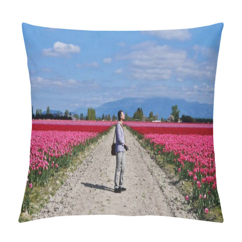 Personality  Man Photographer At Colourful Tulip Fields. Pillow Covers