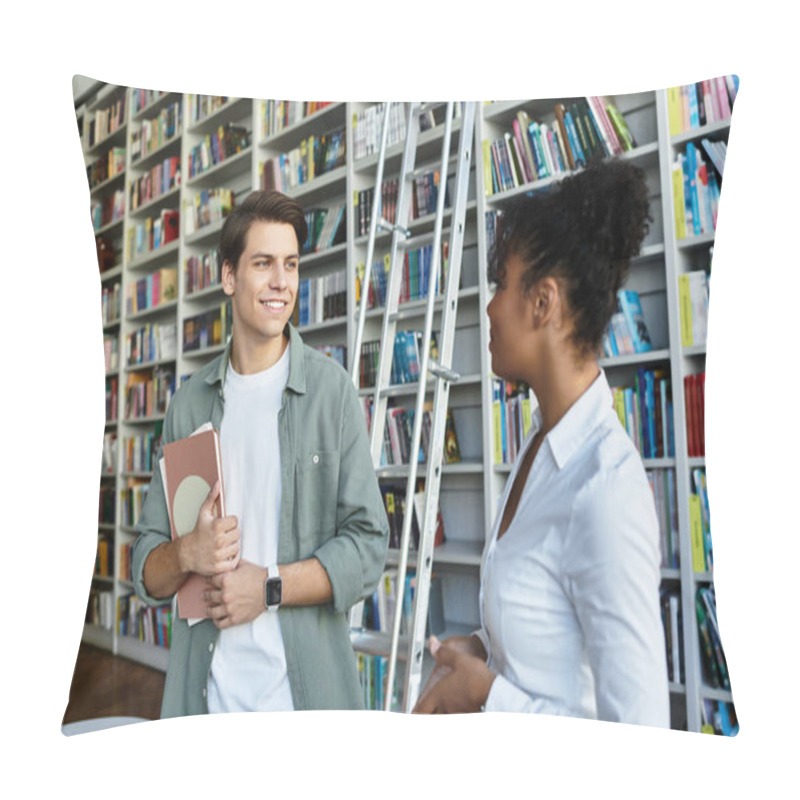 Personality  A Passionate Educator Engages With Her Attentive Student While Surrounded By Shelves Of Books. Pillow Covers