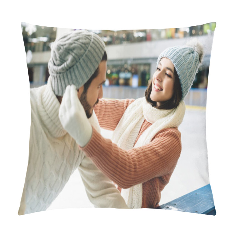 Personality  Young Smiling Couple Wearing Hats On Skating Rink Pillow Covers