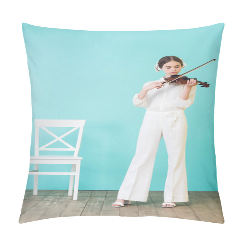 Personality  Beautiful Teen Girl Playing Violin, On Blue Pillow Covers