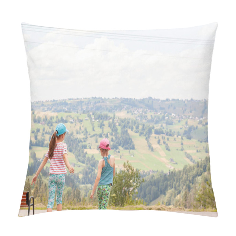 Personality  Two Young Girls Enjoying A Sunny Day Outdoors With Epic Scenic Countryside View In Background, Copy Space, Sisters Walking Together In Nature, Vacation Travel Concept With Green Landscape, Lifestyle Pillow Covers