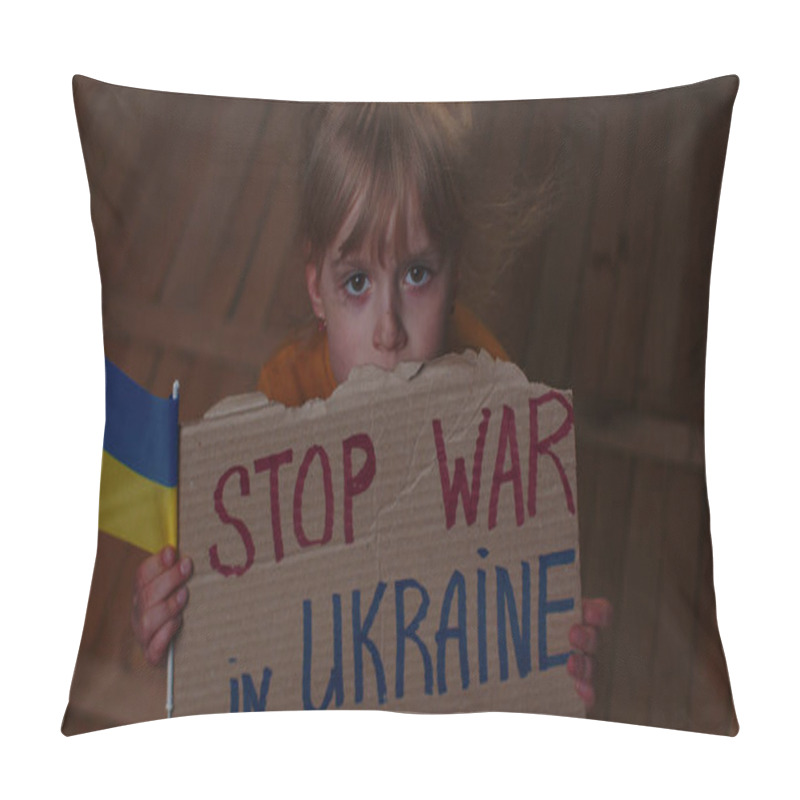 Personality  KYIV, UKRAINE - Feb 24, 2022: Homeless Girl Kid Showing Cardboard Massage Hands Off Ukraine, No War Pillow Covers