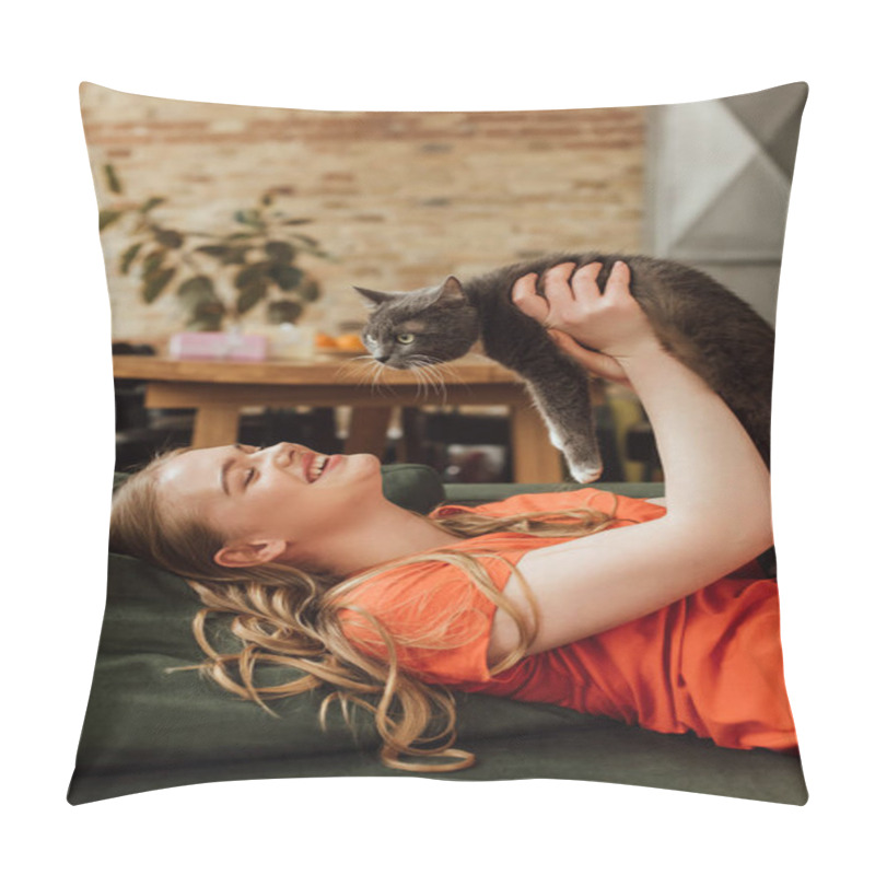 Personality  Cheerful Woman Lying On Sofa And Holding In Arms Cute Cat  Pillow Covers