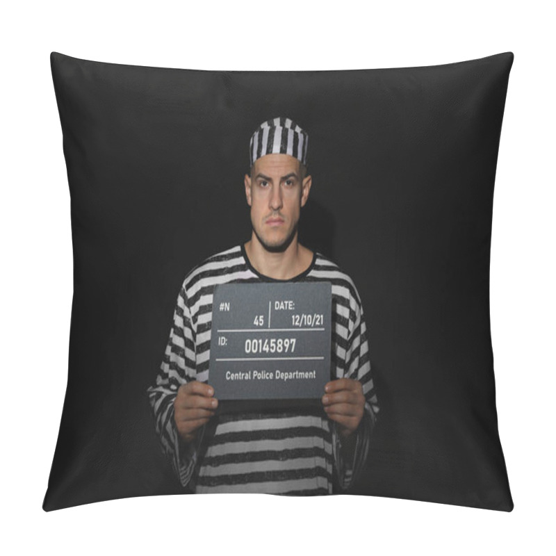 Personality  Mug Shot Of Prisoner In Striped Uniform With Board On Black Background, Front View Pillow Covers