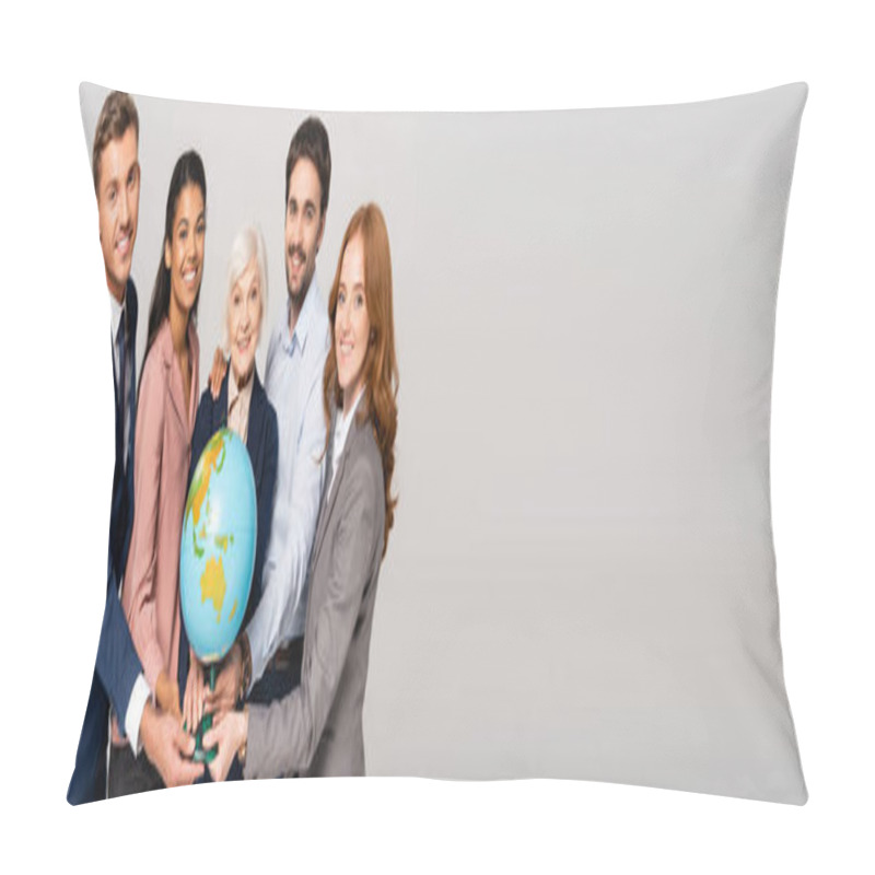 Personality  Smiling Multiethnic Businesspeople Holding Globe And Looking At Camera Isolated On Grey, Banner  Pillow Covers