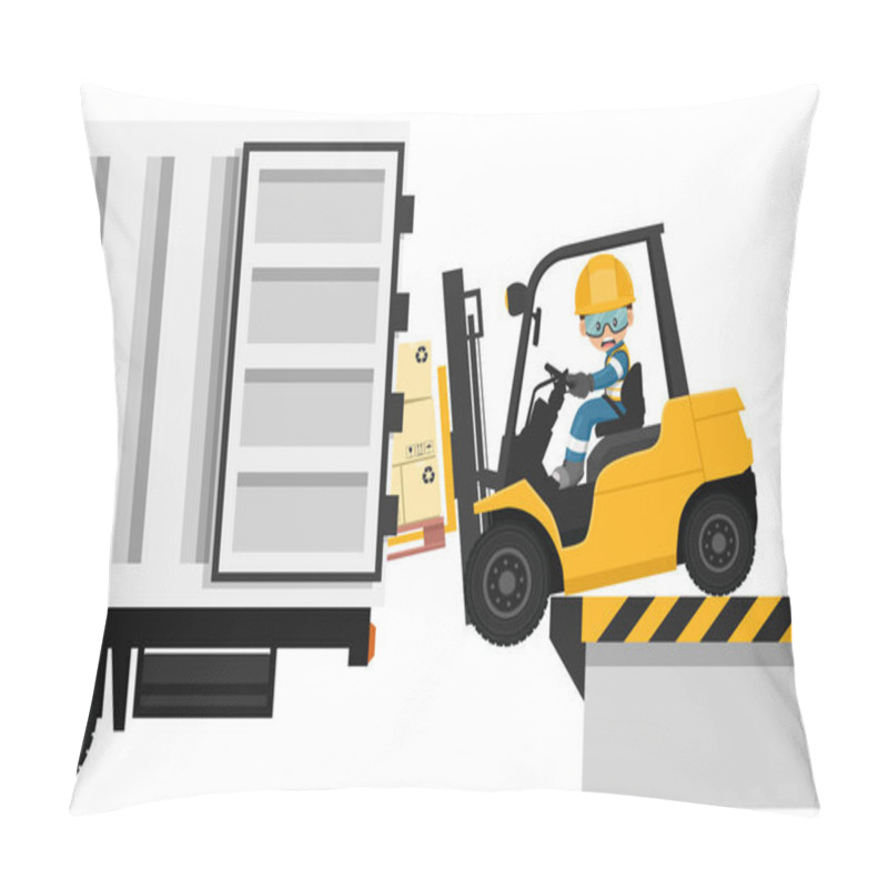 Personality  Overturning Of Forklift Loading Pallet Of Boxes To A Cargo Truck. Stay Inside The Cabin. Safety In Handling A Fork Lift Truck. Security First. Work Accident. Industrial Safety And Occupational Health Pillow Covers