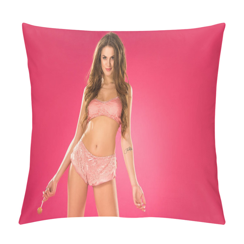 Personality  Sexy Girl With Lollipop Isolated On Pink Pillow Covers