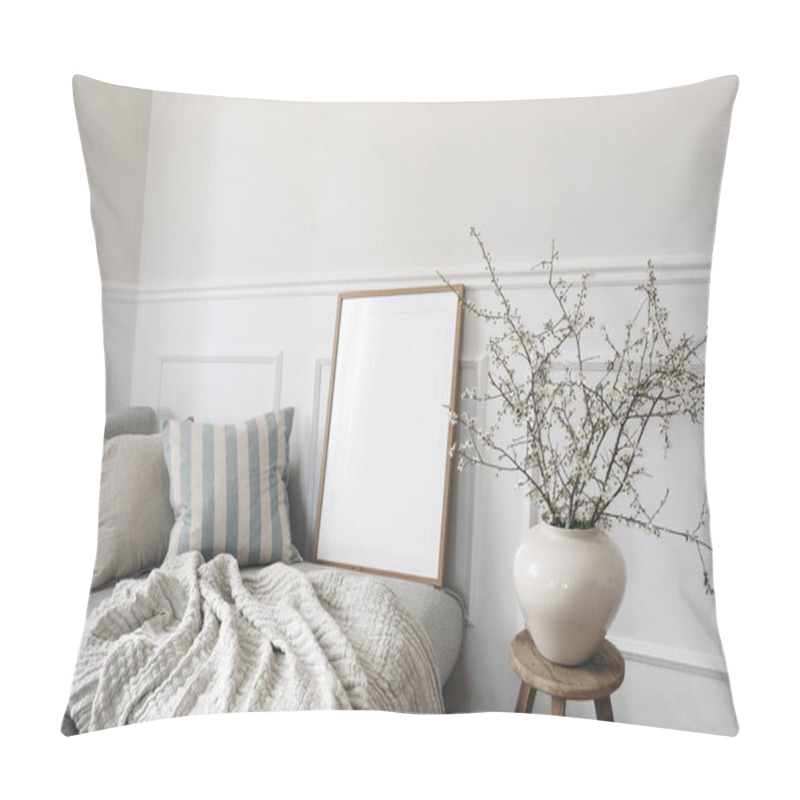 Personality  Modern Spring Scandinavian Living Room Interior. Wooden Picture Frame, Poster Mockup. Sofa With Linen Pale Blue Striped Cushions. Cherry Plum Blossoms In Vase, Elegant Stylish Minimal Home Decor. Pillow Covers