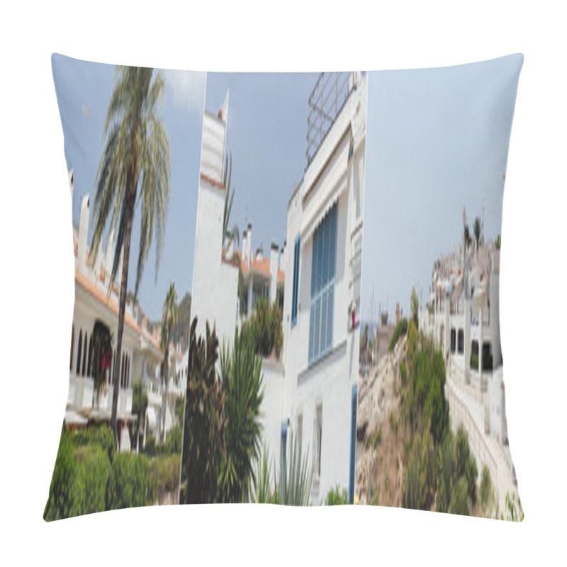 Personality  Collage Of White Facades Of Buildings And Trees With Blue Sky At Background In Catalonia, Spain  Pillow Covers